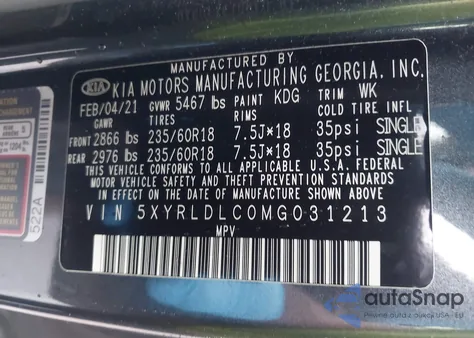 2021 Kia Sorento S z USA, uszkodzony, nr VIN 5XYRLDLC0MG031213